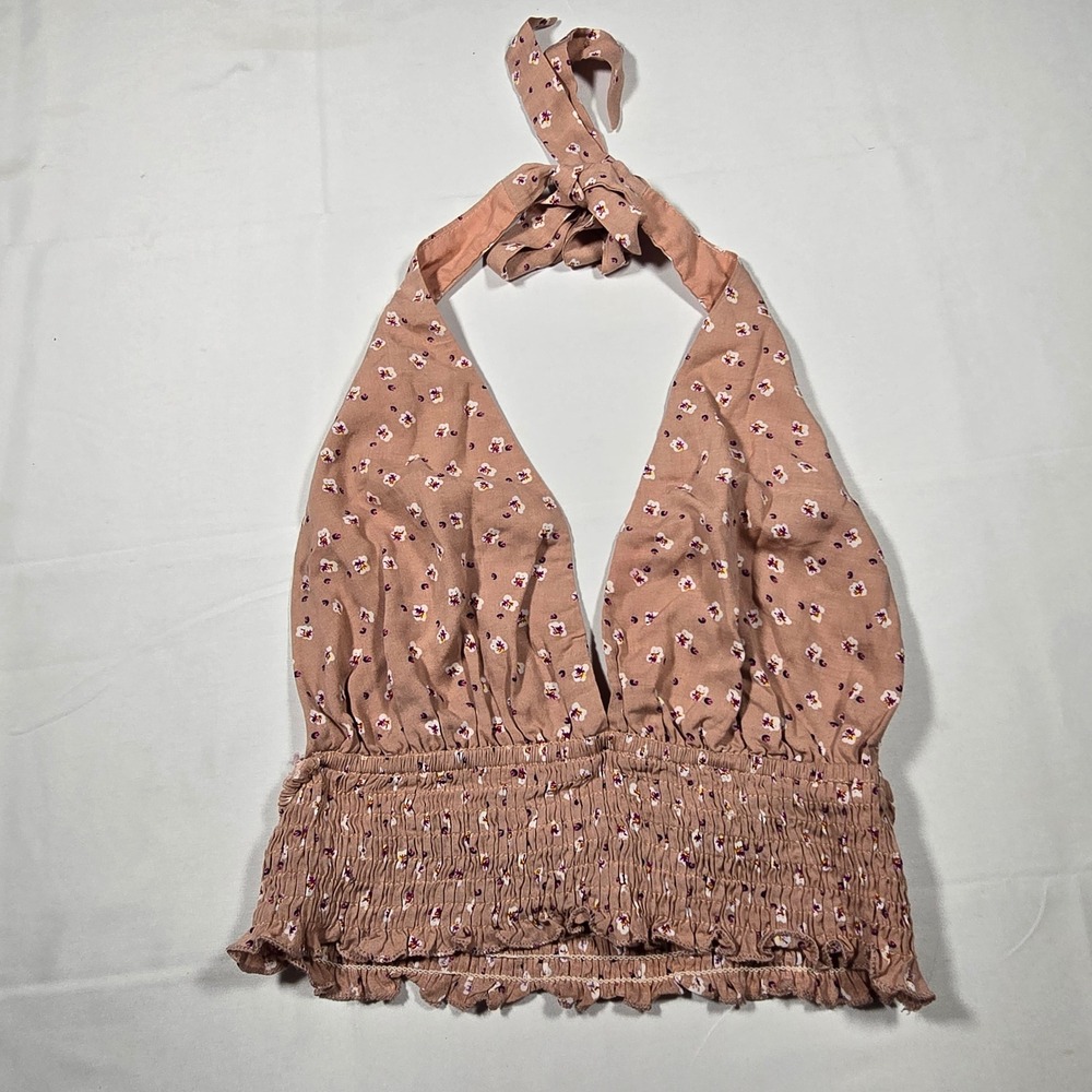 Seek Womens Floral Smocked Halter Crop Top Mauve Boho V-Neck Small Festival